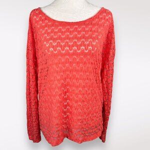 Katie K Coral Open Knit Crochet Sweater Lightweight Long Sleeve Top Medium